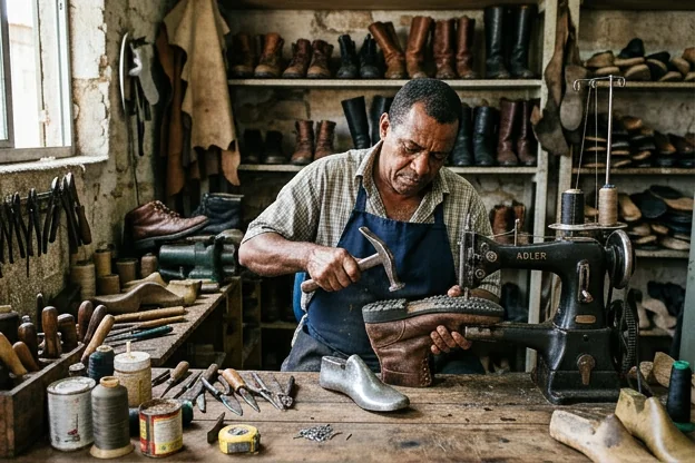 Sapateiro em Simões Filho aplicando técnicas de conserto em botas.